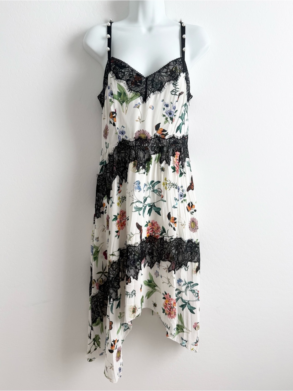 Joie Onelia Floral Asymmetrical Slip Dress with Black Lace Trim